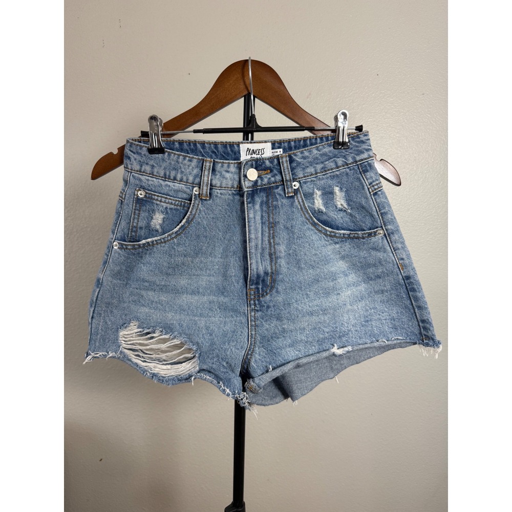 Princess Polly High Waisted Distressed Denim Shorts Light Wash Size 4 US